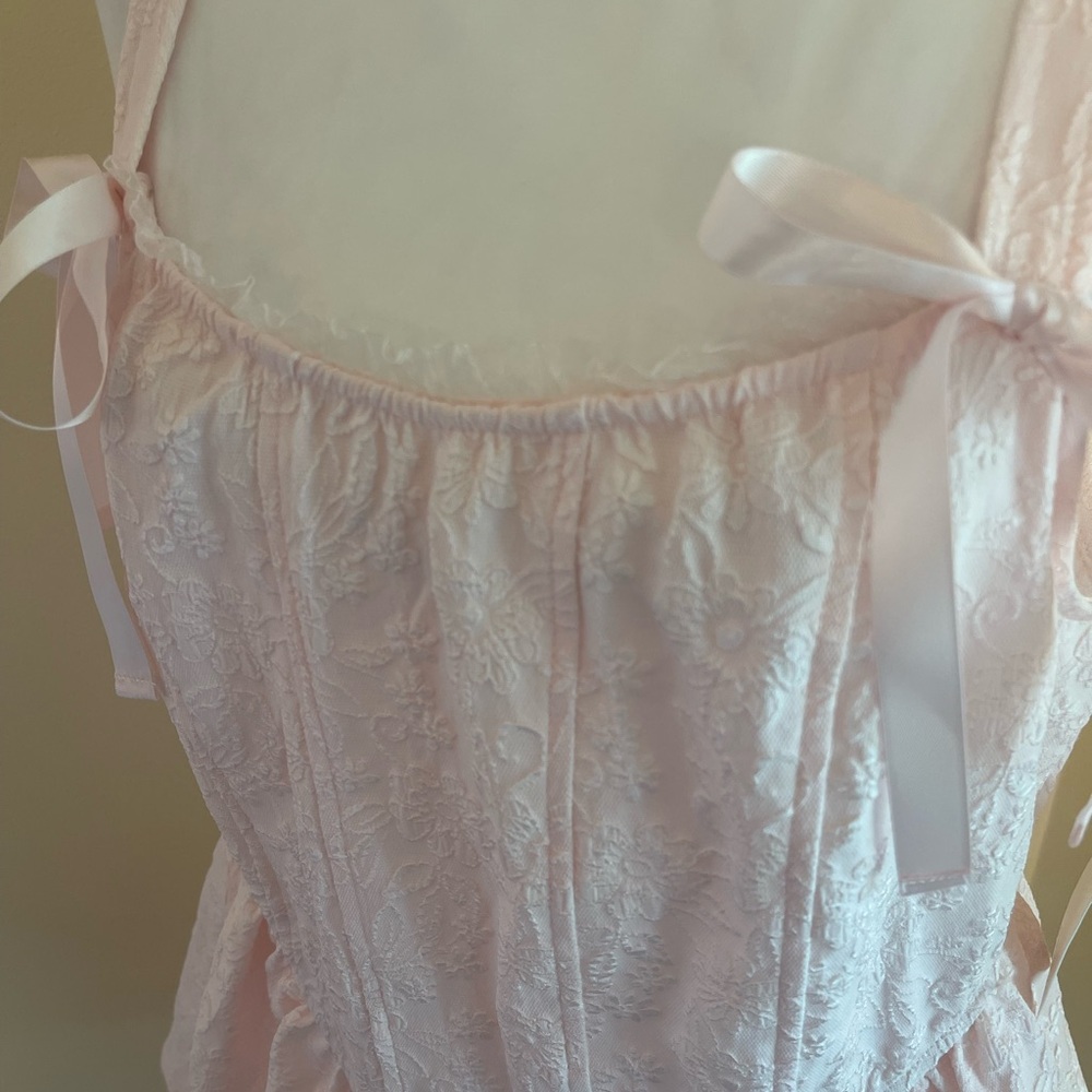 Pink Lace Corset Dress Bow Straps Tiered Mini XL Coquette Balletcore Barbiecore - Picture 4 of 14